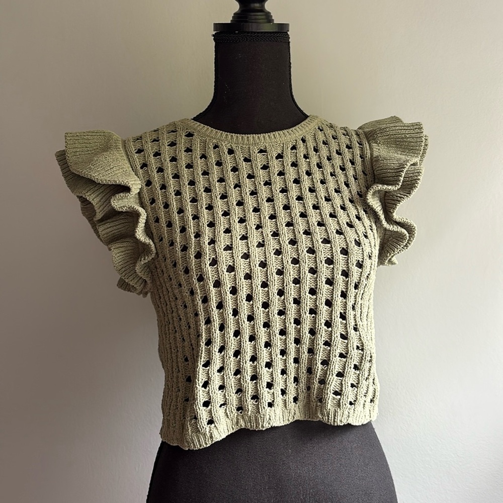ZARA Sage Green Ruffled Chenille Open Knit Cropped Sweater Size S